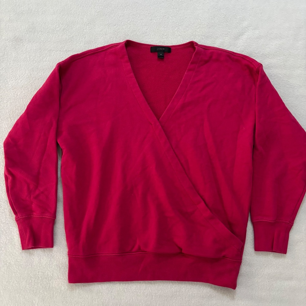 J.Crew Pink Faux Wrap V-Neck Fleece Sweatshirt XS Berry Magenta